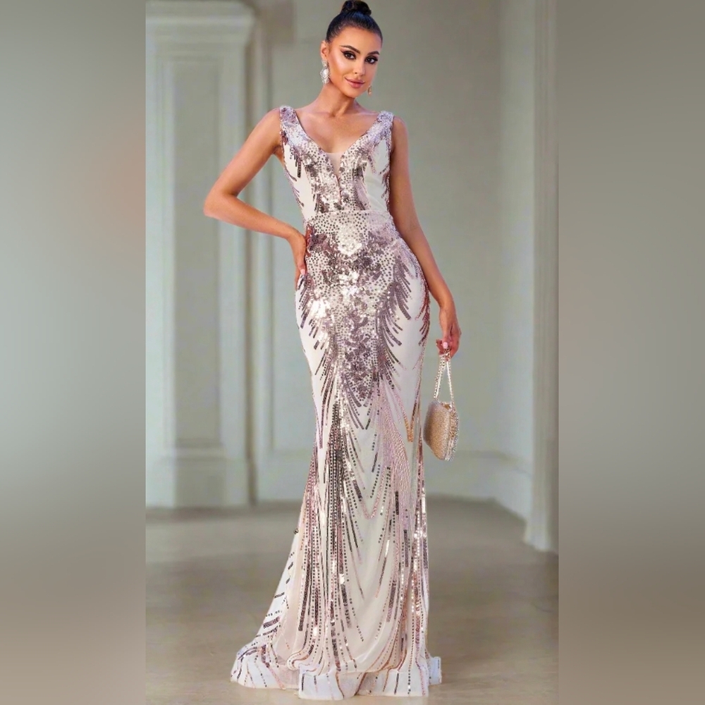 Sleeveless Mermaid Sequin Maxi Dress V-Neck Party Wedding Size XXL